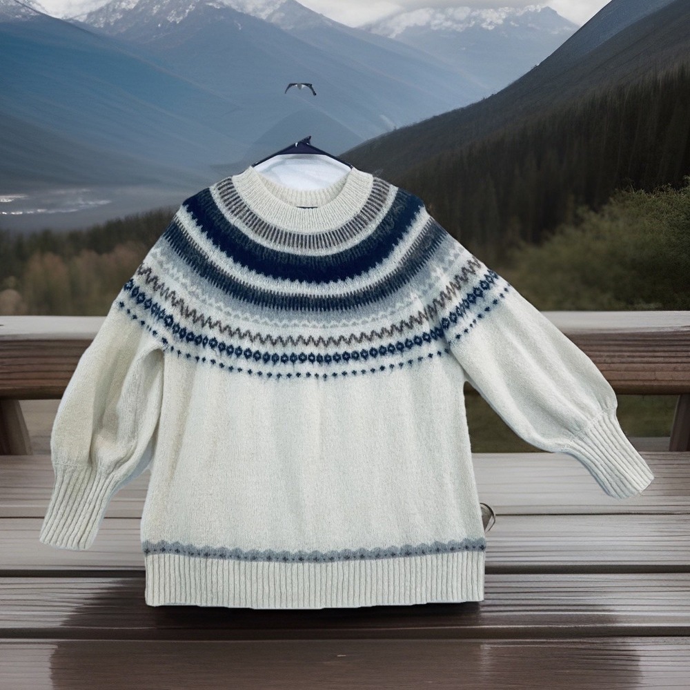 J.Crew Sweater Womens M White Fair Isle Alpaca Wool Blend Balloon Sleeve Knit